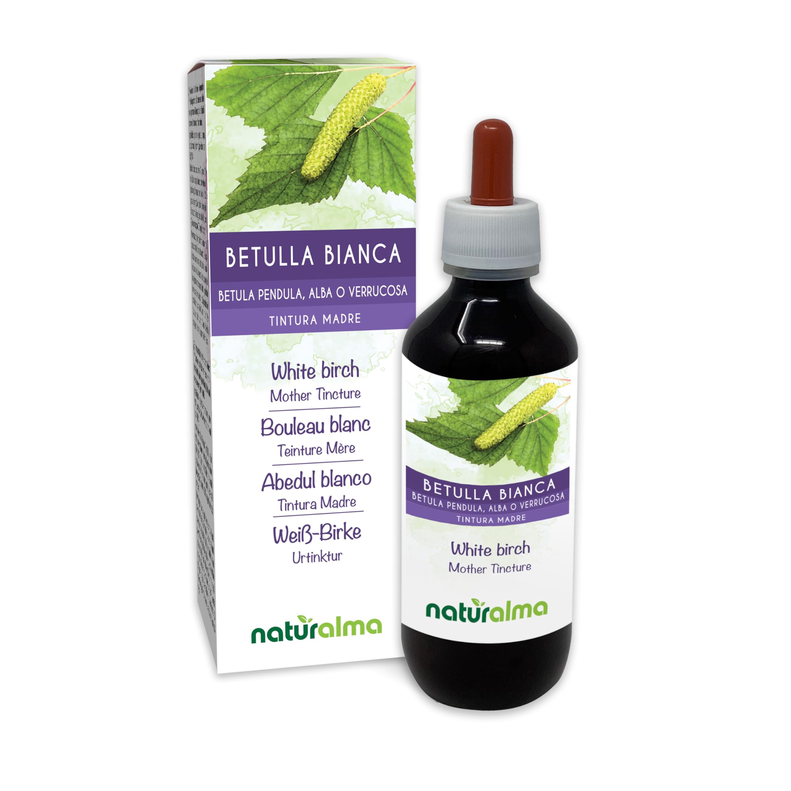 Bouleau blanc ou Bouleau verruqueux (Betula pendula, alba ou verrucosa) feuilles Teinture Mère sans alcool Naturalma - Extrait liquide gouttes 200 ml - Complément alimentaire - Végétalien ou végan