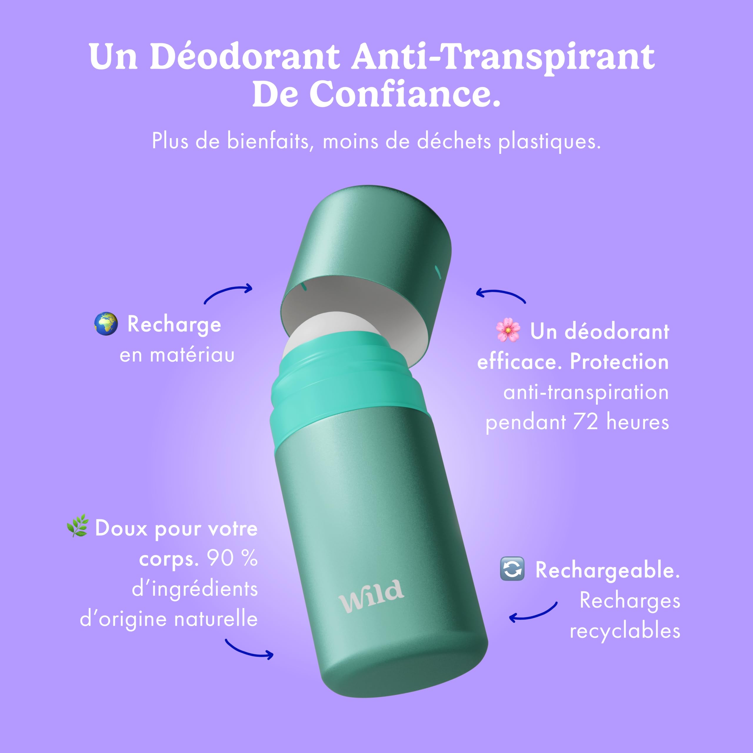 Wild Kit de Déodorant Anti-Transpirant Roll-On Rechargeable avec protection 72 heures - Étui bleu aqua avec recharges Honey & Cactus Flower, Cotton & Sea Salt and Coconut & Vanilla - 90% naturel