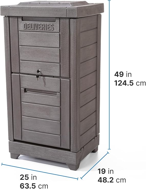Step2 Lakewood Package Delivery Box, Large Capacity Outdoor Parcel Drop Box with Lockable Lid and Keys, Weather-Resistant Resin, Dark Cedar