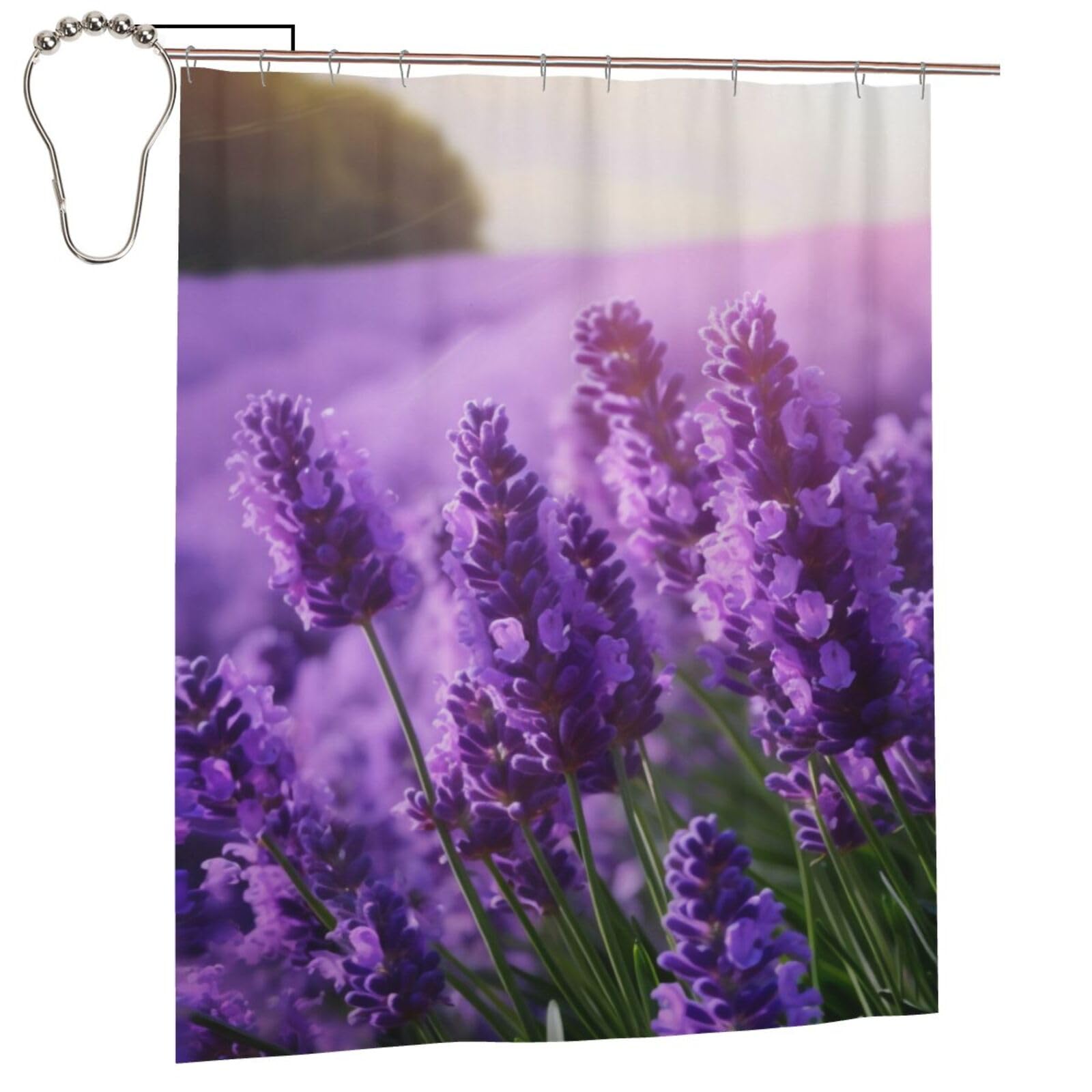 BWWHCCTI Purple Lavender Printed Shower Curtain With 12 Iron Hooks Opaque Quick Drying Waterproof Shower Curtains Sets For Bathroom 152x183 Cm