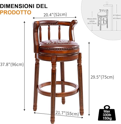 Miniatura 3 de AULIFE Taburetes de bar de madera de cuero con parte superior de vaca silla de bar giratoria con respaldo para encimera de cocina en casa silla