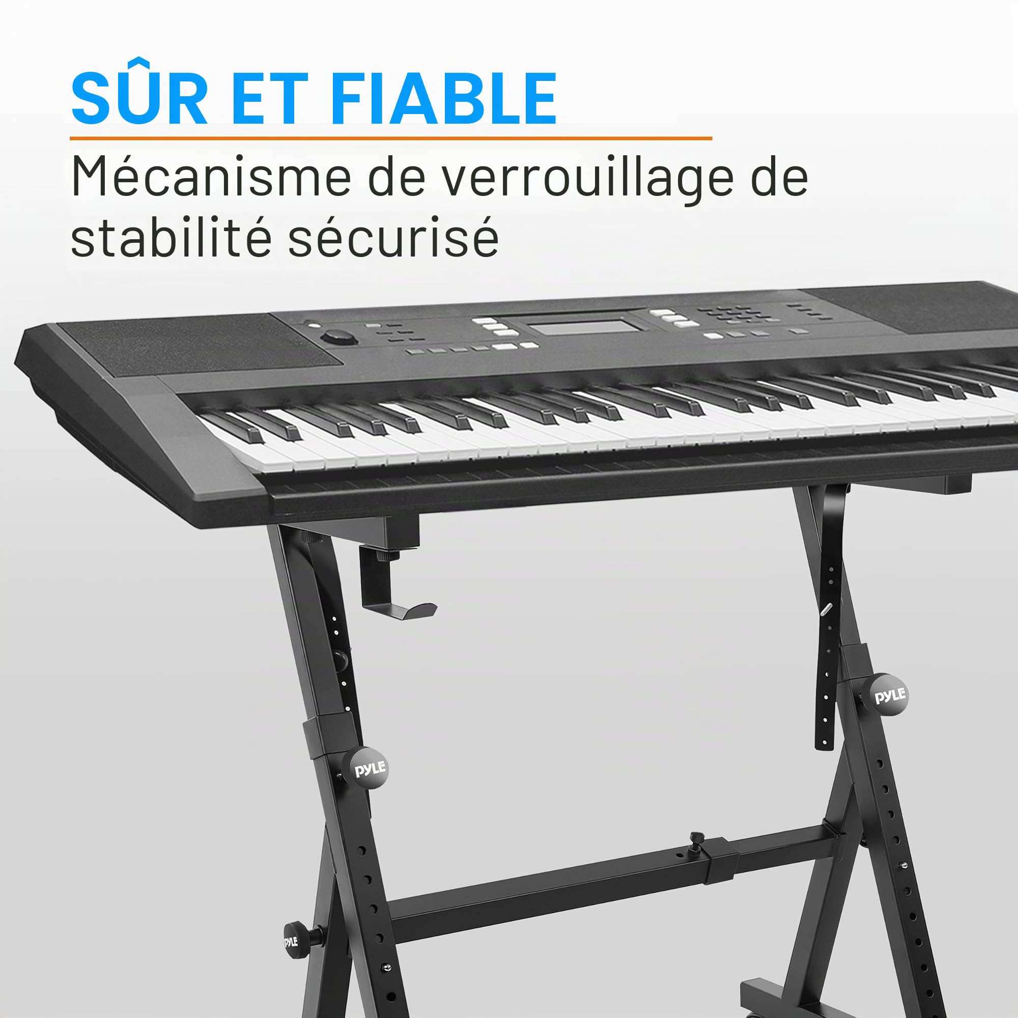 PYLE Support Clavier Universel , Forme de Z Robuste, Support Piano Portable avec Hauteur et Largeur Réglables, Roulettes Verrouillables (Noir)