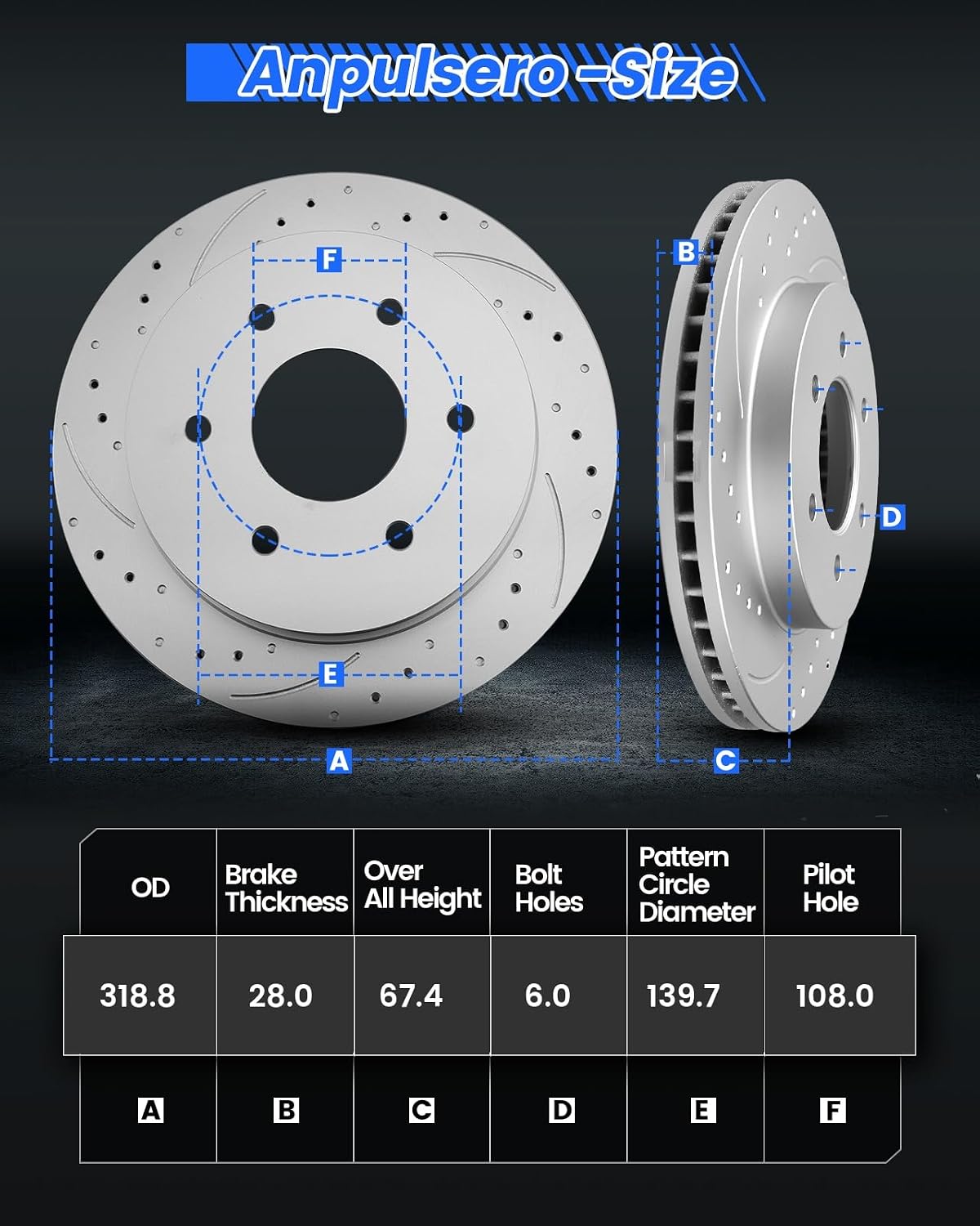Anpulsero Front Brake Kit Compatible with 2003-09 Toyota 4Runner, 07-14 FJ Cruiser, 05-21 Tacoma Disc Brake Rotors Ceramic Brakes Pads | Anti-Rust Geomet Coated | 318.8mm(12.6in)