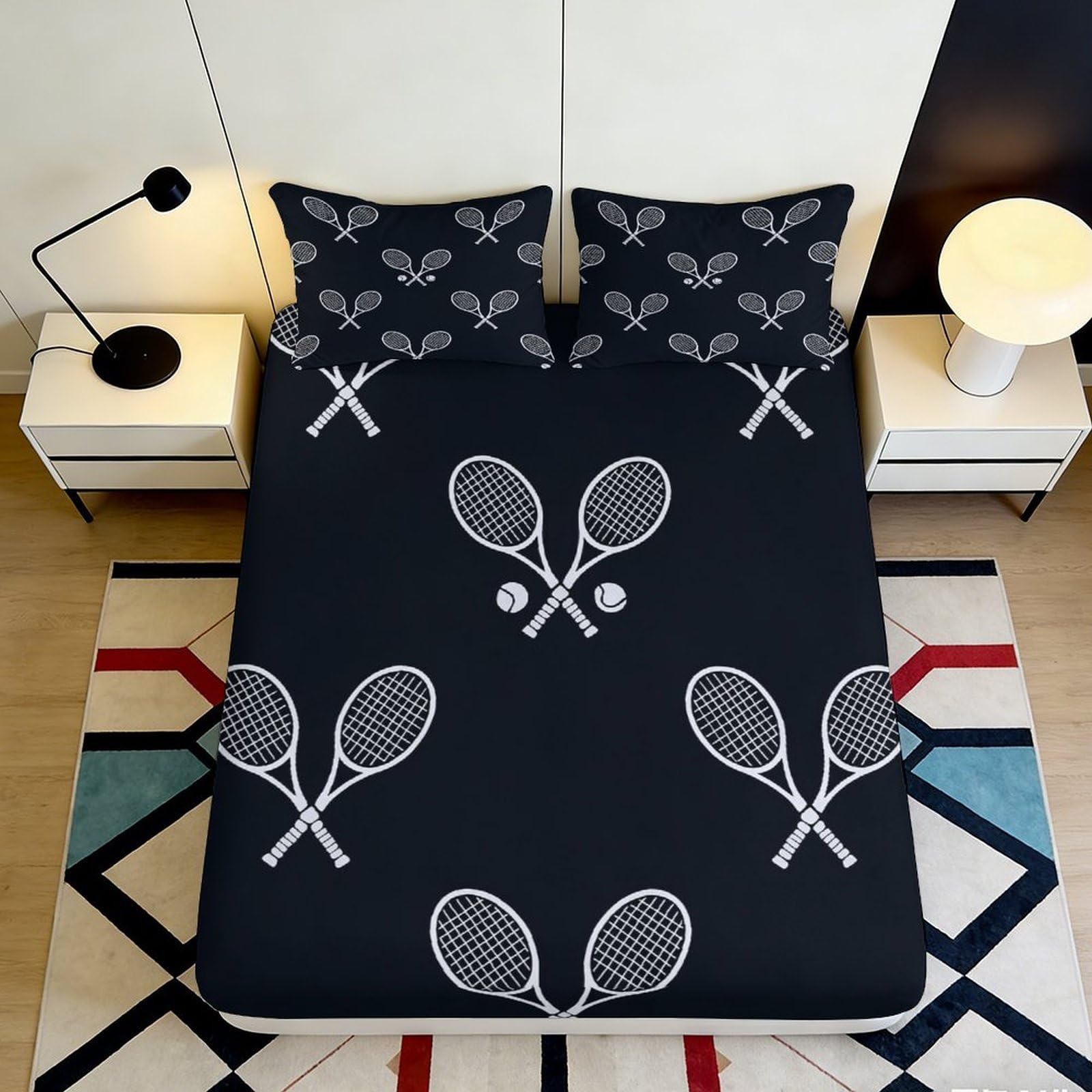 3D Printed Tennis Racket Pattern Fitted Sheet Microfiber Black Bed Cover Breathable for Bedroom Dorm Mattress Protection 140x200x25cm