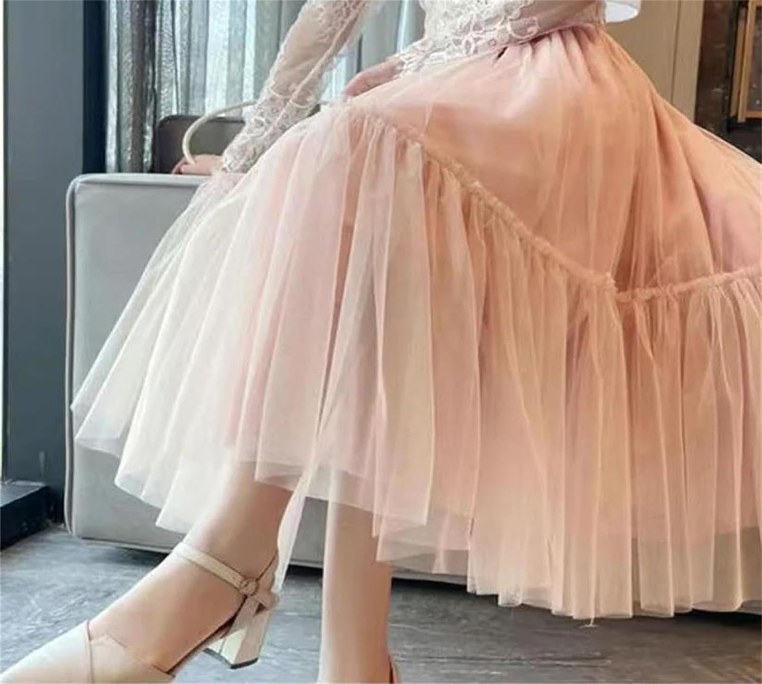 Women's A Line Long Skirt with Mesh Patchwork and Elastic Waist for Office Lady Attire and High Waist Look