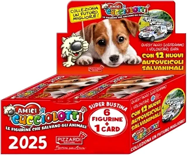 Box Amici Cucciolotti 2025 - 100 Bustine con 6 Figurine + Card, Portachiave e Penna