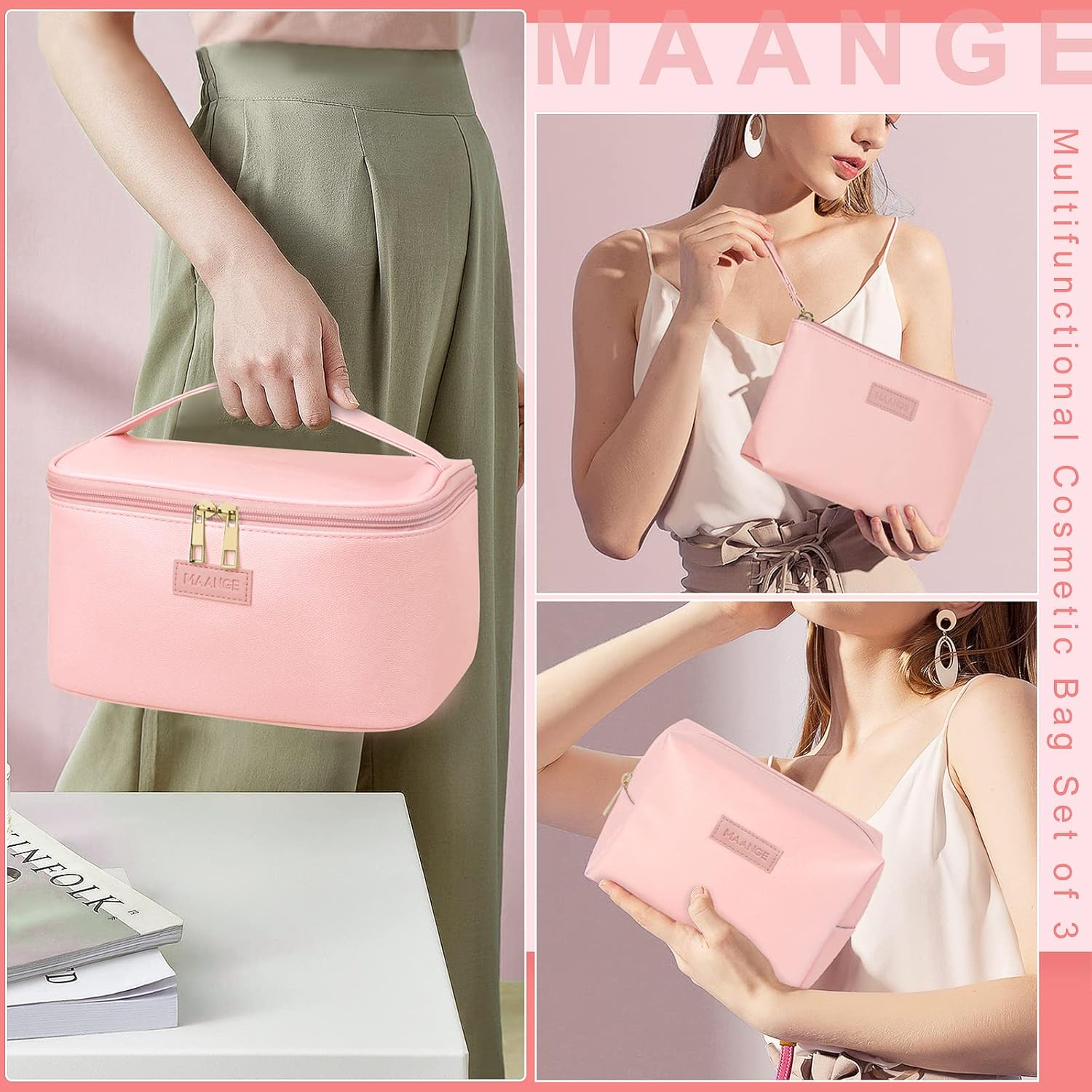 MAANGE Travel Makeup Bag - Large Makeup Bag with 2pcs Small Makeup Bag Portable Leather Cosmetic Bag Toiletry Bag Make Up Bags for Women and Girls (Pink) - Image 2