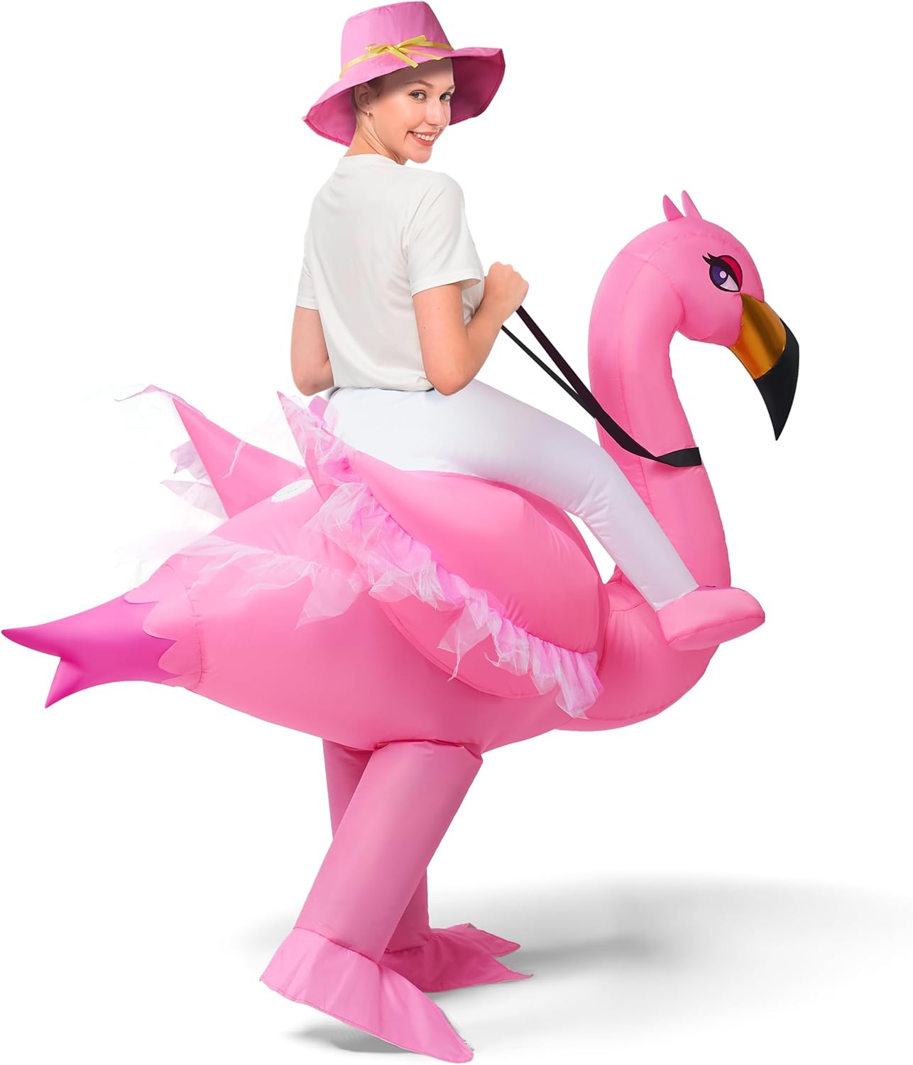 Spooktacular Creations Adult Inflatable Costume Riding an Elegant Flamingo Air Blow-up Deluxe Ride On Halloween Costume - Image 4