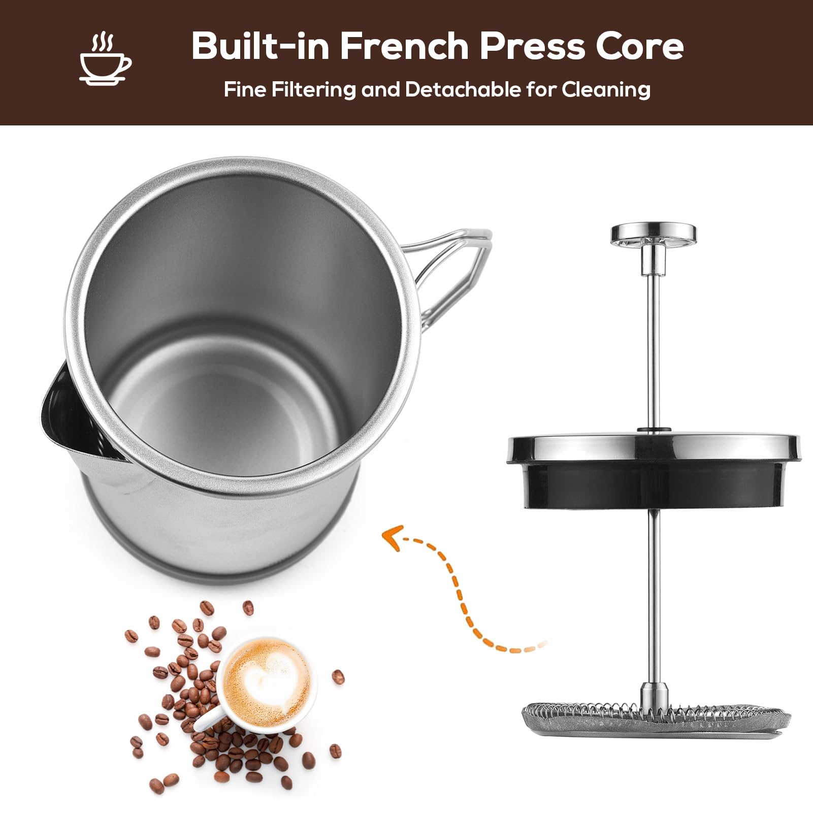 Cafetera de prensa francesa de 1 litro, prensa francesa con mango plegable, acero inoxidable, cafetera de prensa francesa