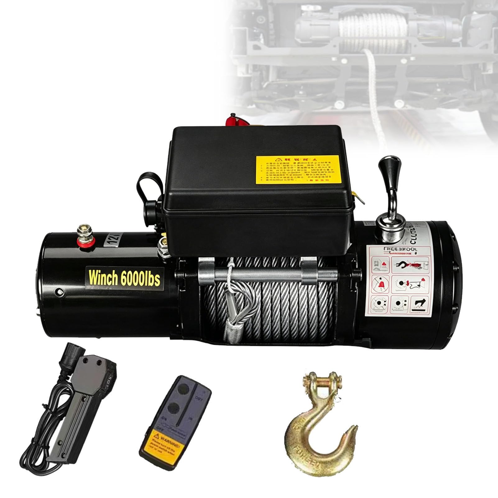 Zowdrix Electric Winch, Portable Recovery Winch, Wireless Remote & Handheld Controller, Steel Rope, for Light Truck SUV Off-Road Self-Rescue and Boat Towing 12V-6000lbs