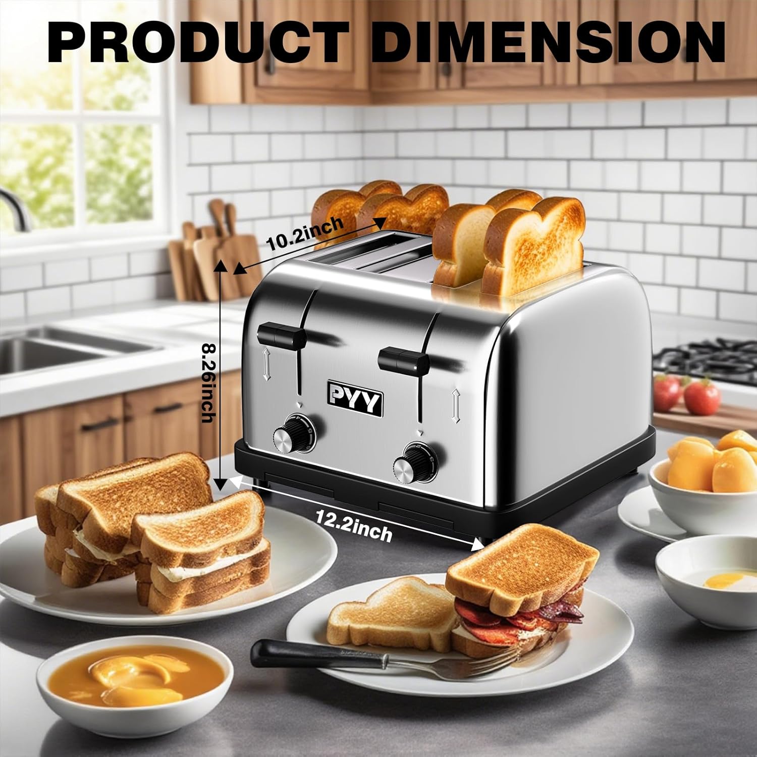 PYY Commercial Toaster 4 Slice for Restaurant - Wide Slots 1.57 inch Stainless Steel 6-Level Setting, with Removable Crumb Tray, 225 Slices/Hour 1800W - Bread, Bagels, Breakfast, Texas Toast