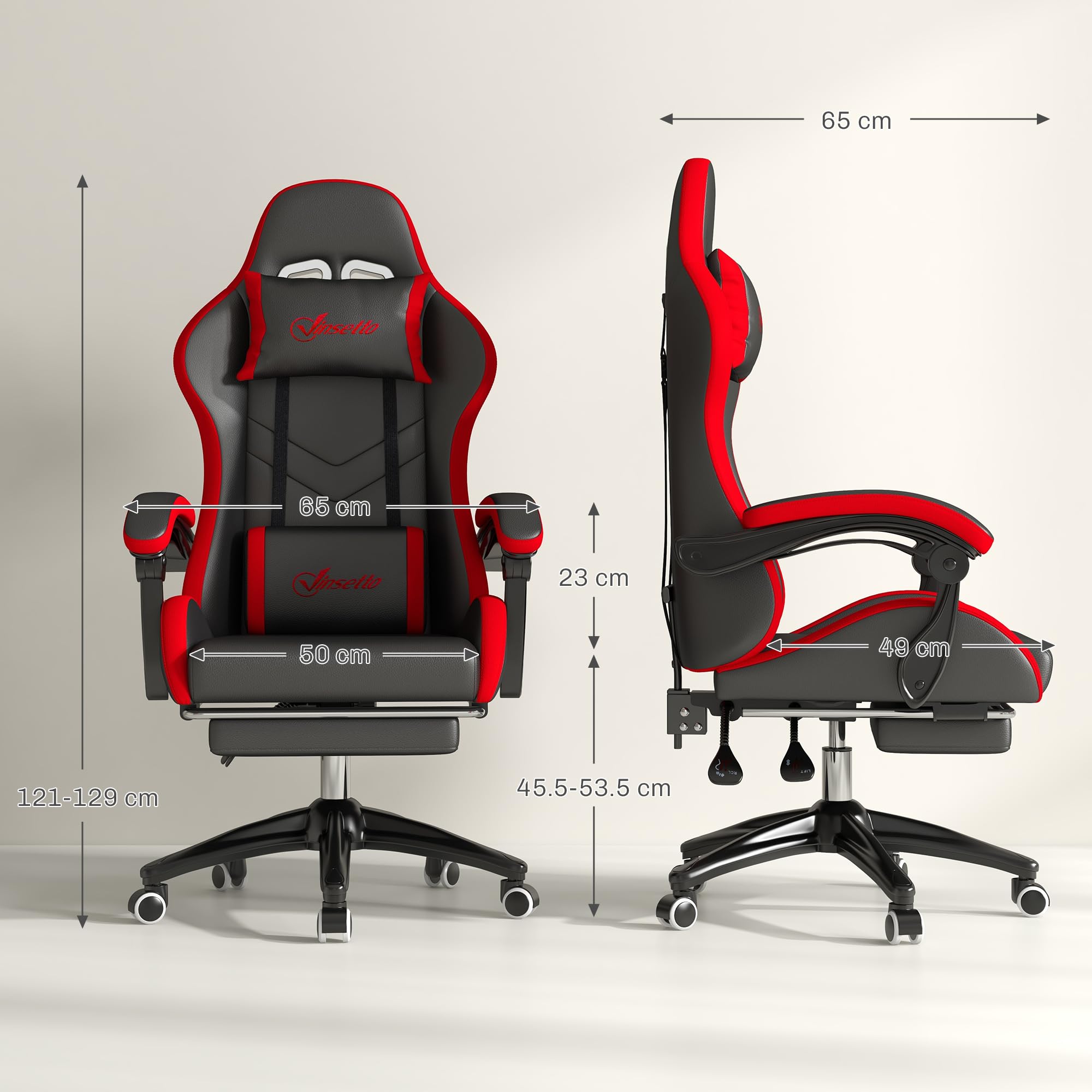 Vinsetto Sedia da Gaming Ergonomica in Pelle PU e Acciaio con Poggiatesta e Altezza Regolabile, Poltrona Gaming con Schienale Reclinabile e Cuscino Lombare, 65x65x121-129 cm, Nero e Rosso