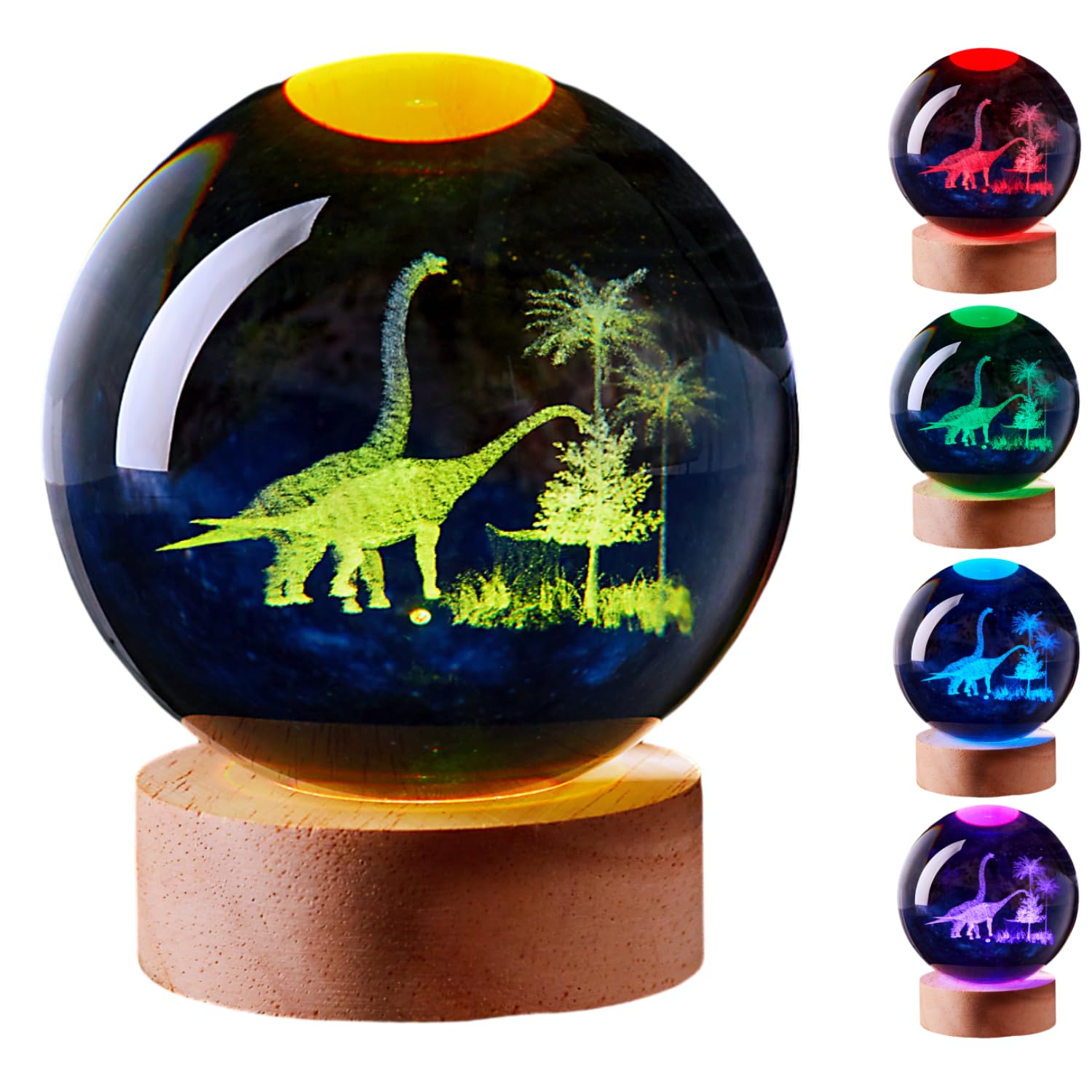 LGY3DLight 3D Crystal Ball Lamp with Remote Control, 3.15 inch Crystal Night Light with Wooden Base 16 Colors Change, Glass Figurine Lamp Gift for Girls Boys Wife Girlfriend Mom (Dinosaur)