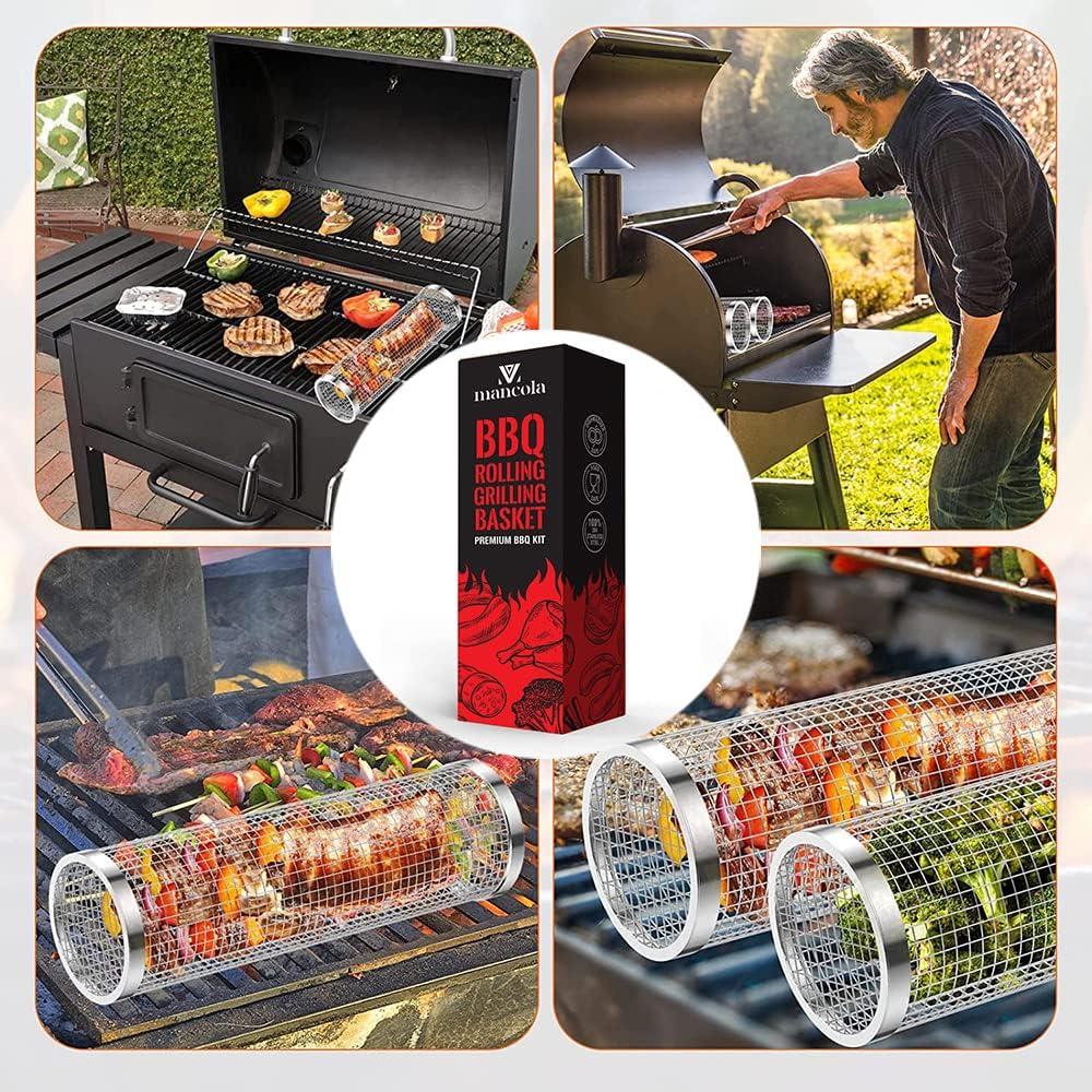 mancola BBQ Net Tube-Rolling Grilling Basket,Rolling Grilling Baskets for Outdoor Grilling,Round Stainless Steel BBQ Grill Mesh, Camping Barbecue Rack for Vegetables, French Fries, Fish