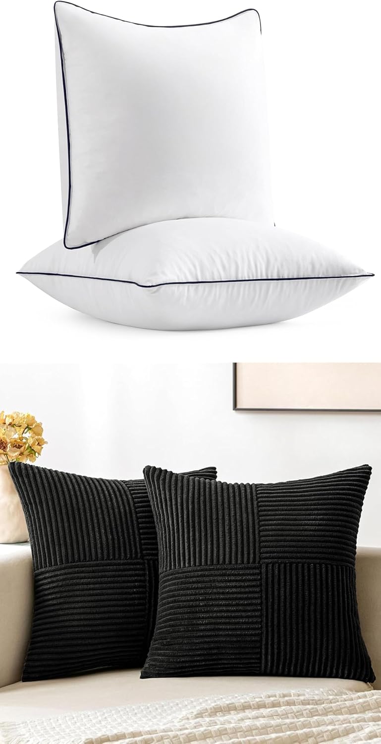 MIULEE 18x18 Pillow Inserts, Fluffy Down Alternative Filling Pack of 2 Ultra Soft Throw Pillows Bundle Black Corduroy Pillow Covers for Sofa Couch Bed