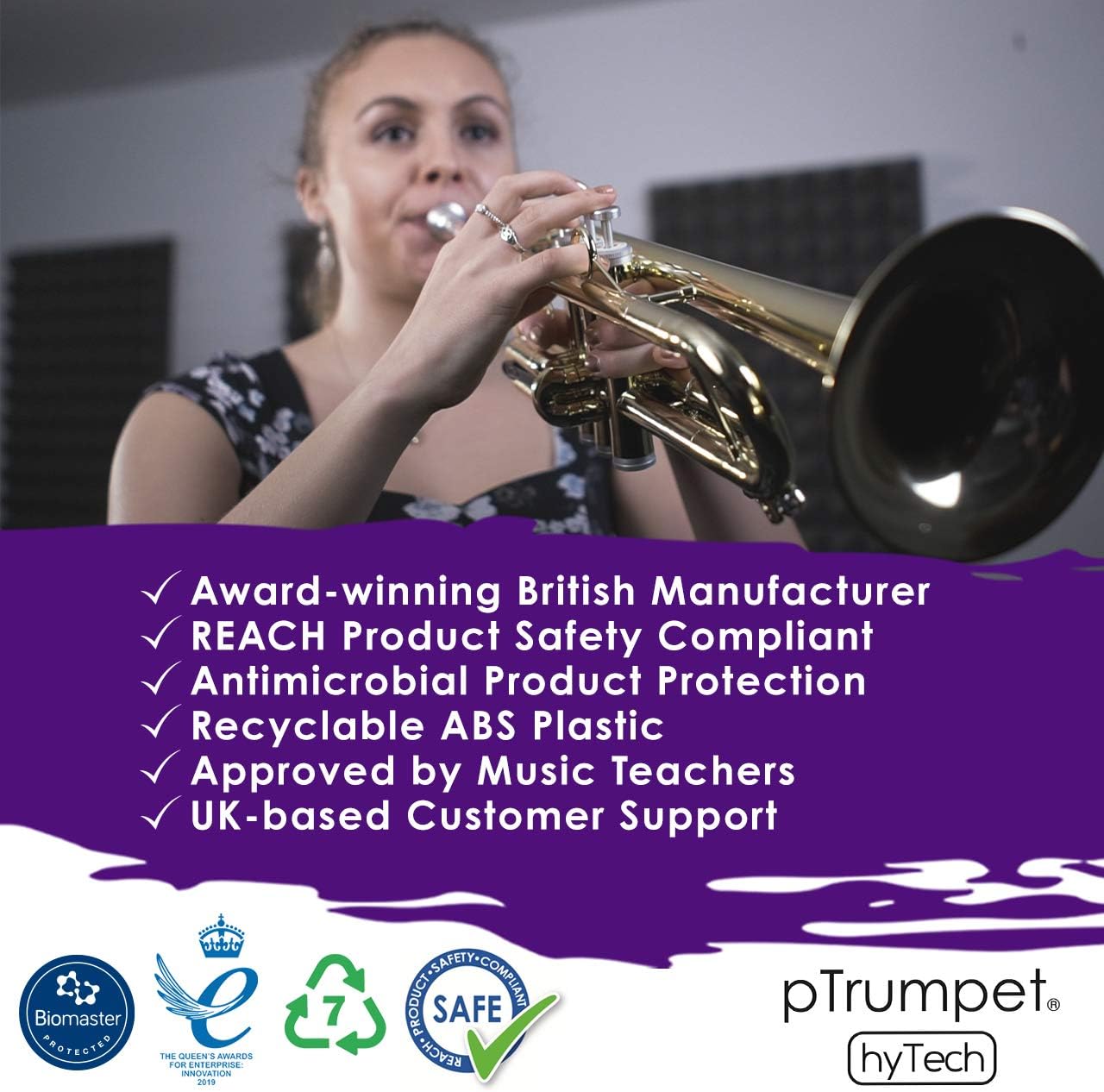 pInstrument pTrumpet hyTech - Metal/Polymer Trumpet - Mouthpiece - Padded Carrying Bag - Lightweight, Ergonomic Grip - Bb Authentic Sound for Student & Beginner - Durable ABS Construction - Silver : Musical Instruments