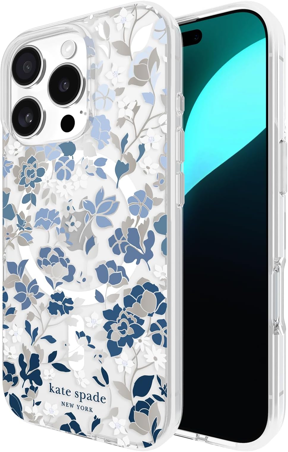 kate spade new york iPhone 16 Pro Case - Compatible with MagSafe - Designer Phone Case - Flowerbed Blue Gems