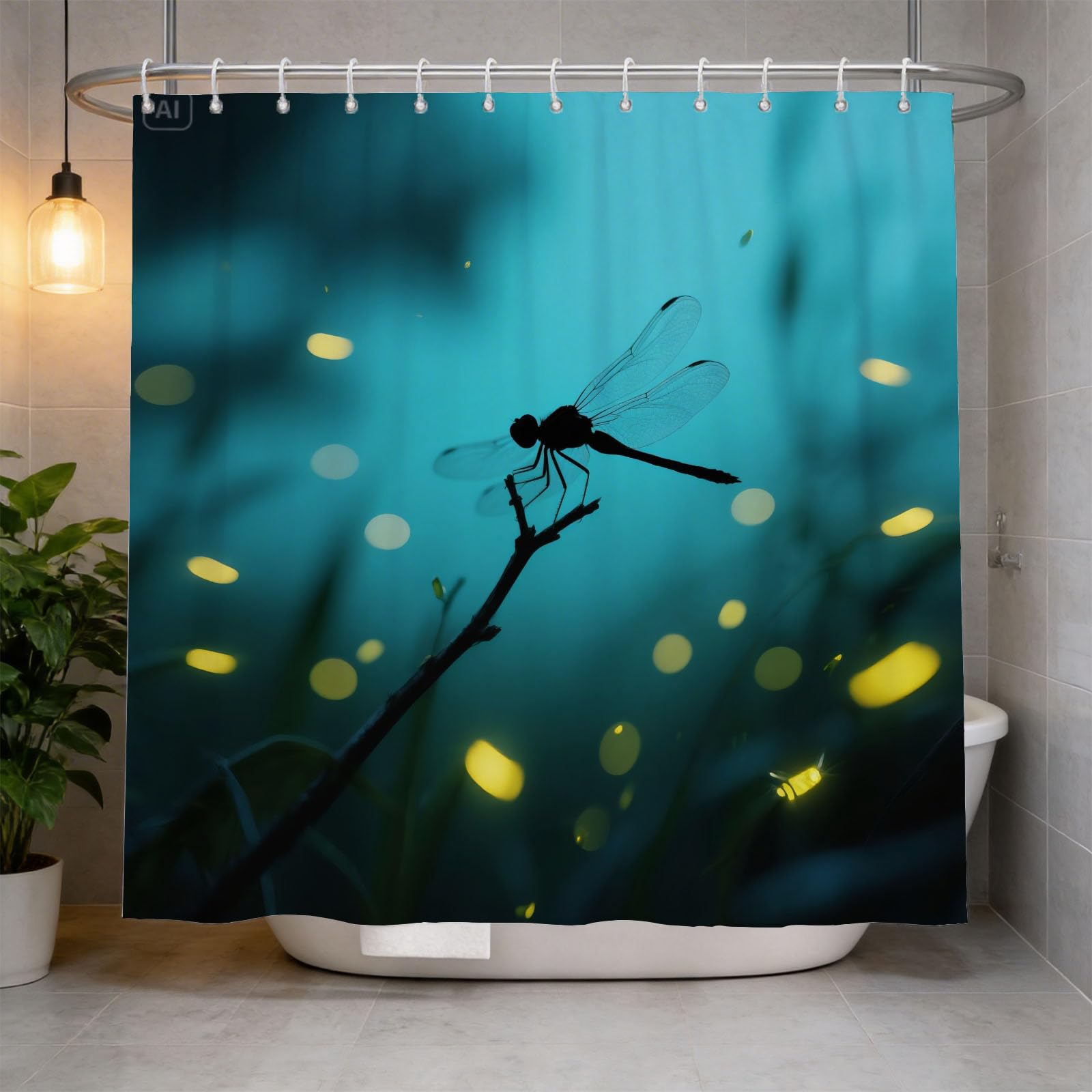 Hongduo White 3D Dragonfly Shower Curtain For Stalls Bathtubs Natural Atmosphere Bathroom Decor Shower Curtain Set Polyester Fabric Waterproof 180X180cm/71X71 Inch With Hooks