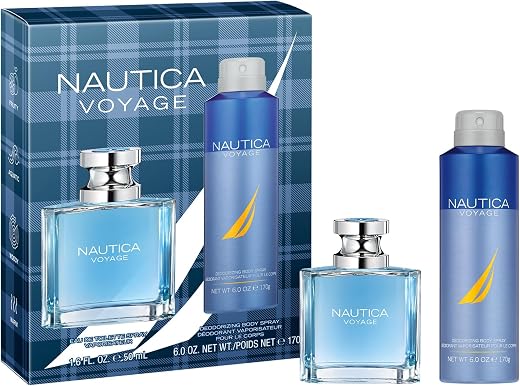 Nautica Voyage Gift Set for Men | Eau de Toilette 50ml + Deodorizing Body Spray 170ml | Long Lasting Fresh Woody Aquatic F...