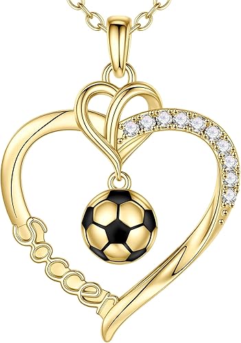 Turandoss Heart Soccer Necklaces for Women - 14K Gold Plated Dainty Soccer Penda