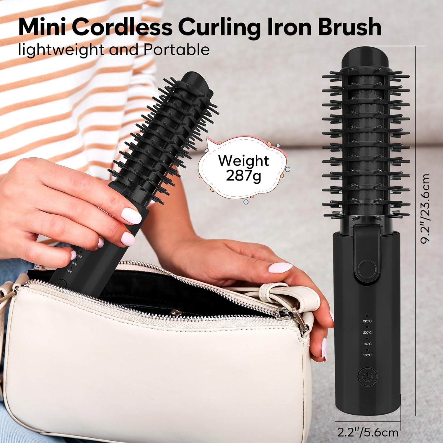 Cordless Curling Iron Brush, Mini Travel Hot Straightener Comb Curl Brush, Rechargeable 4 Temps Cordless Wand Blush with 200 Million Negative Ions for Curls Straightening Styling (Black)