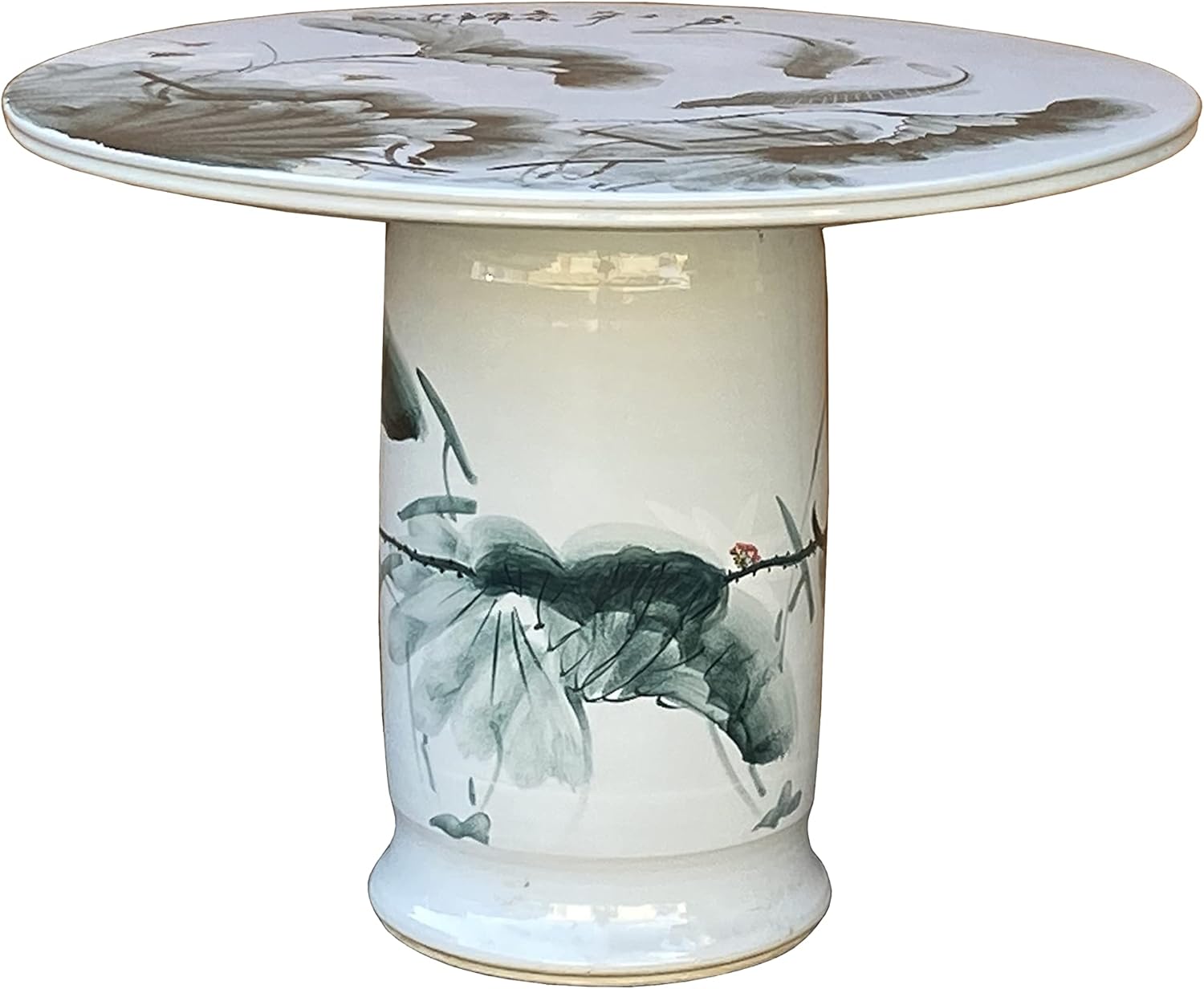 Chinese White Porcelain Green Lotus Fish Theme Round Table Acs7297