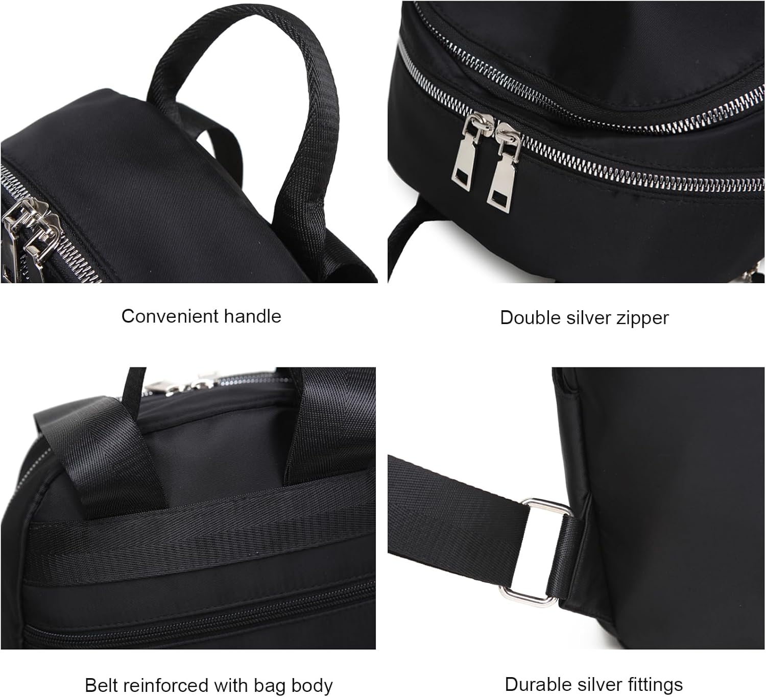zhongningyifeng Backpack Purse for Women Nylon Lightweight, Travel Casual Daypack Silver Zippers, Black (Medium) - Image 4
