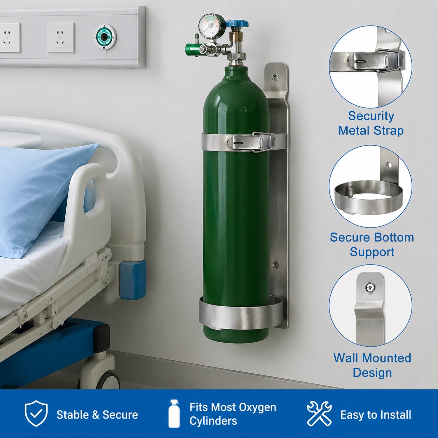 Soporte Mural Para Bombona De Oxígeno, Soporte De Acero Inoxidable Para Bombona De Gas, Diseño Antivuelco Para Uso Hospitalario Y En Laboratorios(16.5CM/10L)