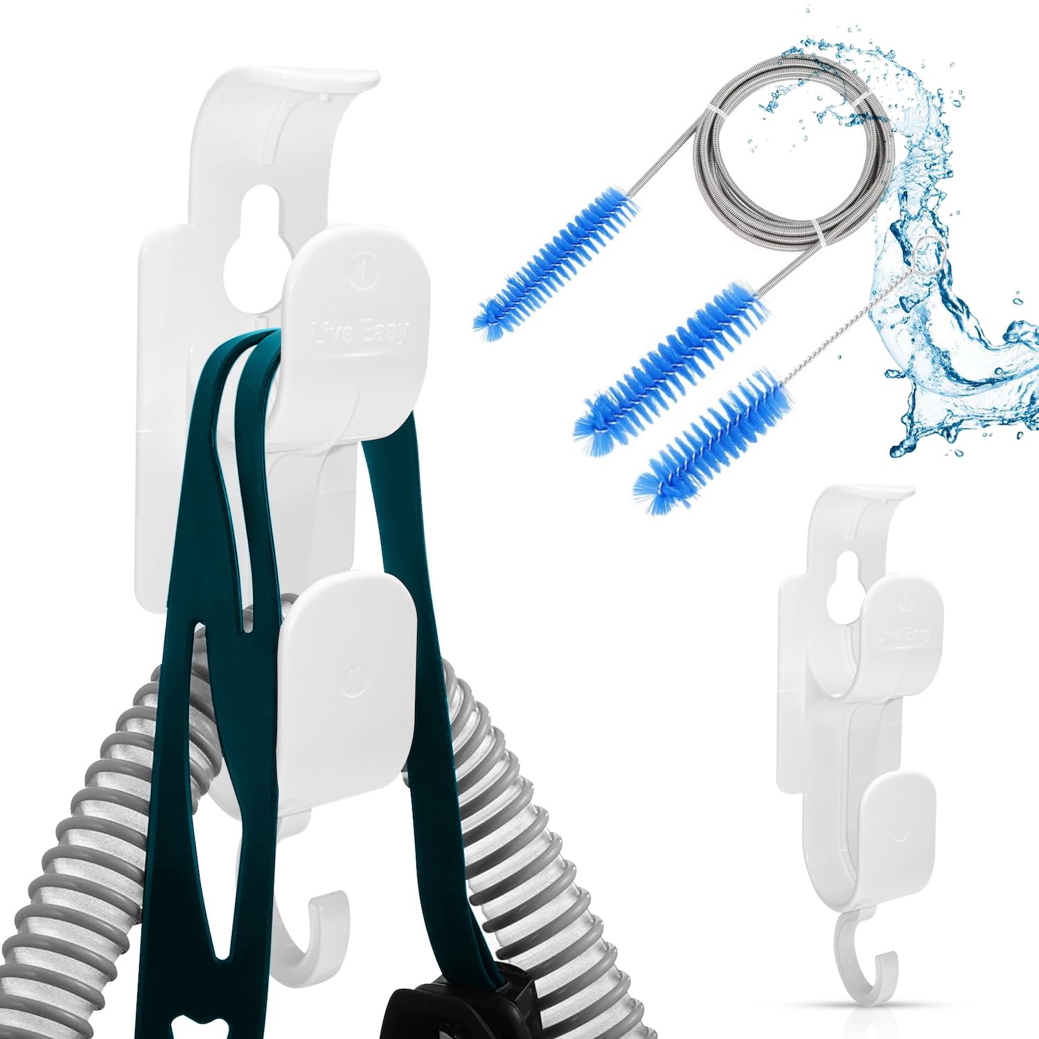 Live Easy - 2pc Triple CPAP Hose Hook & 2pc CPAP Hose Brush Set - CPAP Cleaning Supplies - Keep CPAP Accessories Organized, Best CPAP Cleaner, Keep Tube Secure & Tangle Free - Sleep Better