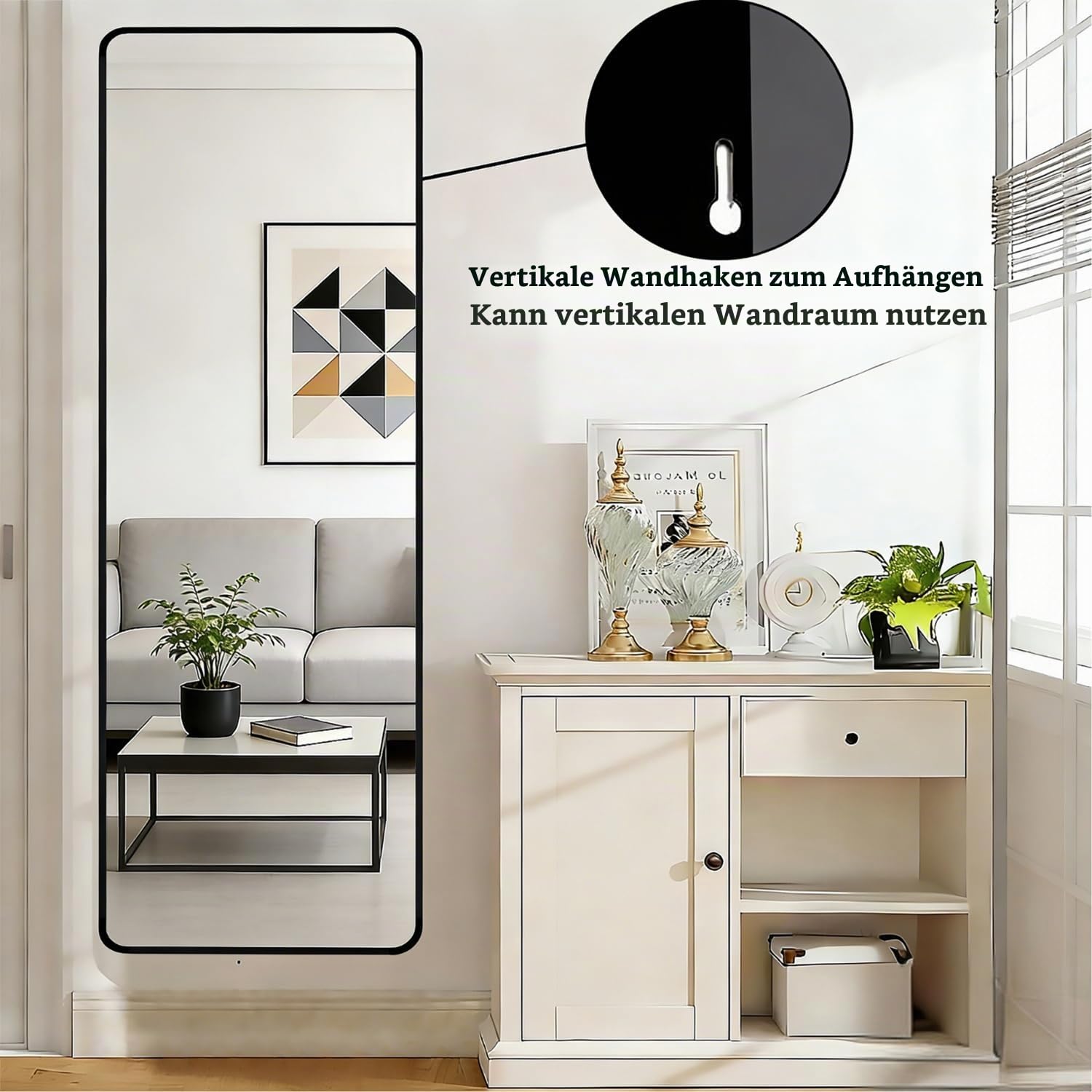 devesanter Ganzkörperspiegel 49×159 cm mit schwarzem Metallrahmen | Großer Bodenspiegel vielseitig nutzbar zum Aufstellen,Anlehnen oder Aufhängen für Schlafzimmer,Wohnzimmer und Ankleide