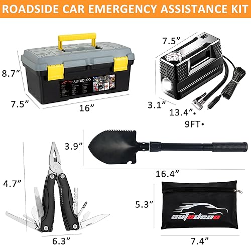 Miniatura 4 de AUTODECO Kit de asistencia de emergencia para automóvil con compresor de aire portátil, cables de puente, martillo de seguridad, todo en uno, juego