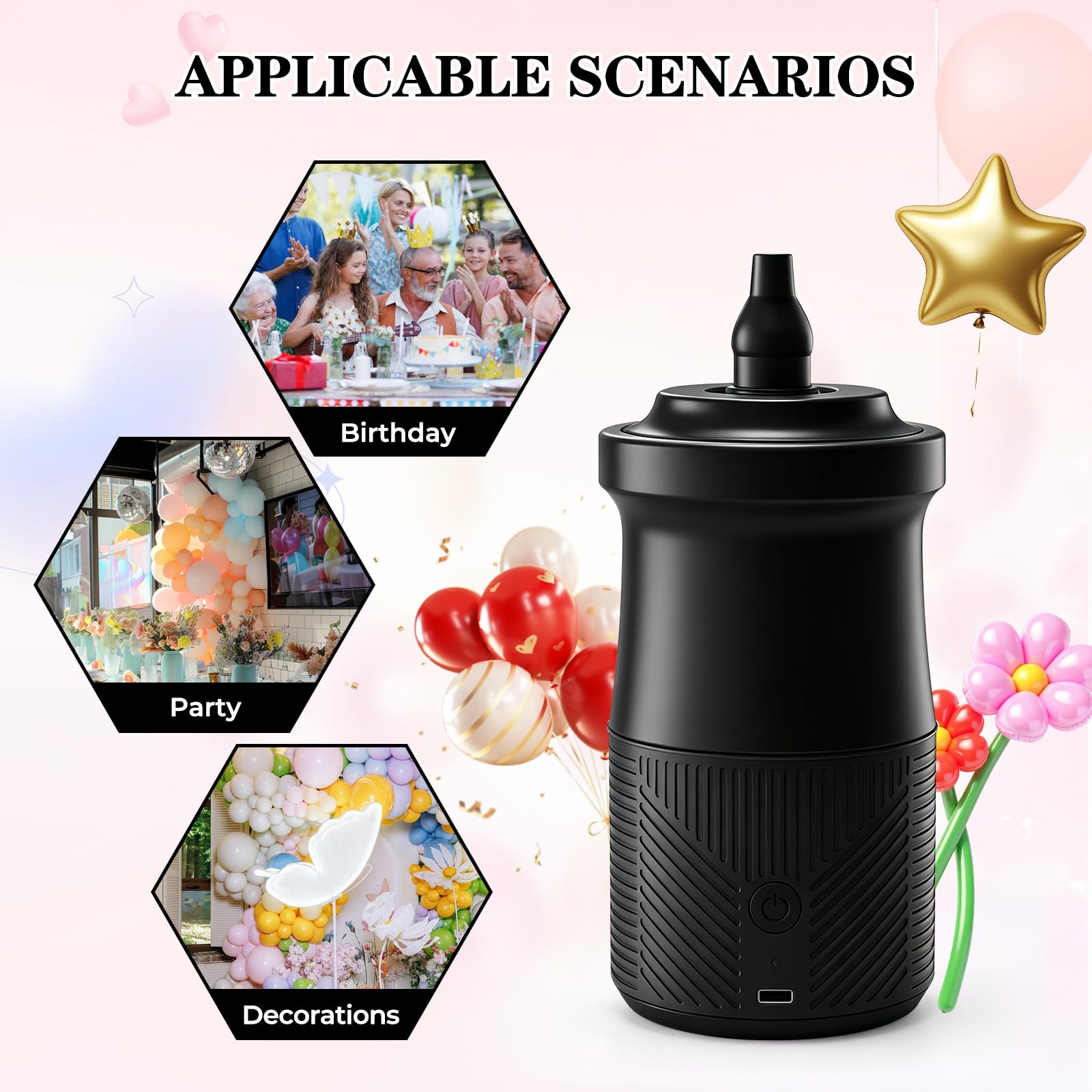 Bomba eléctrica portátil para globos, inflador de globos 2 en 1, 2000 mAh, infla y desinfla con boquillas largas y cortas para fiestas de cumpleaños, bodas, decoraciones de globos de Navidad