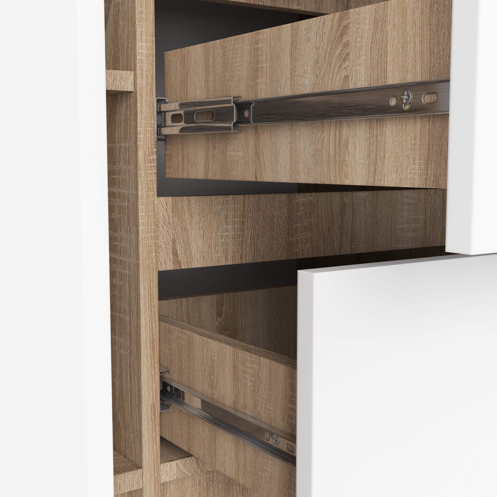 AKORD Kommode K100 mit 3 Schubladen, Schrank mit 2 Tür 4 Regalböden, Für das Wohnzimmer Schlafzimmer, Moderne, 16mm Laminierte Platte, B101xH76xT35 cm, Farbe Sonoma-Eiche & Weiß