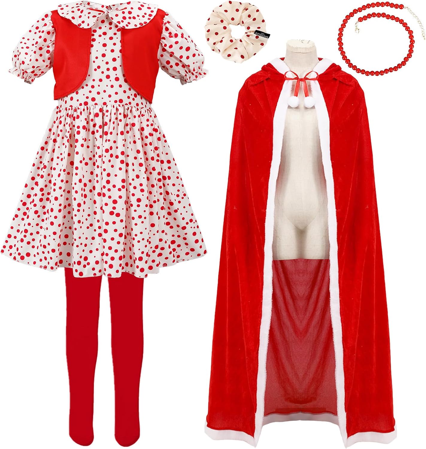 5PCS Adult Women Christmas Santa Costume Dress with Red Cape Necklace Sock, Fancy Xmas Cosplay Outfits - Image 2