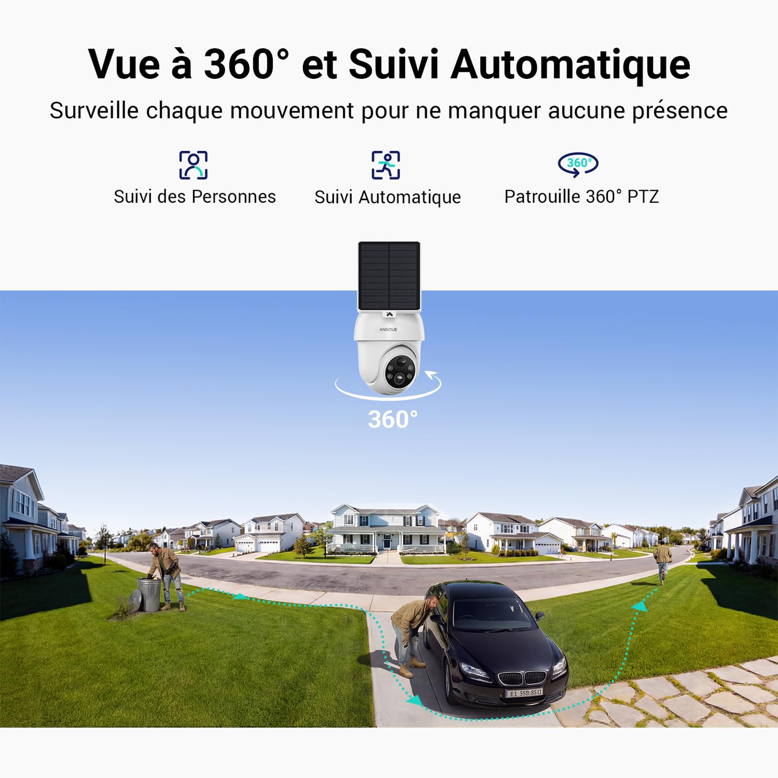 ANSQUE 2K Camera Surveillance WiFi Exterieure sans Fil Solaire à Batterie, Kit 4 Caméras avec AnsqueBase, Zéro Frais, PTZ 360°, Suivi Automatique, Vision Nocturne en Couleur, Alarme Lumineuse Sonore