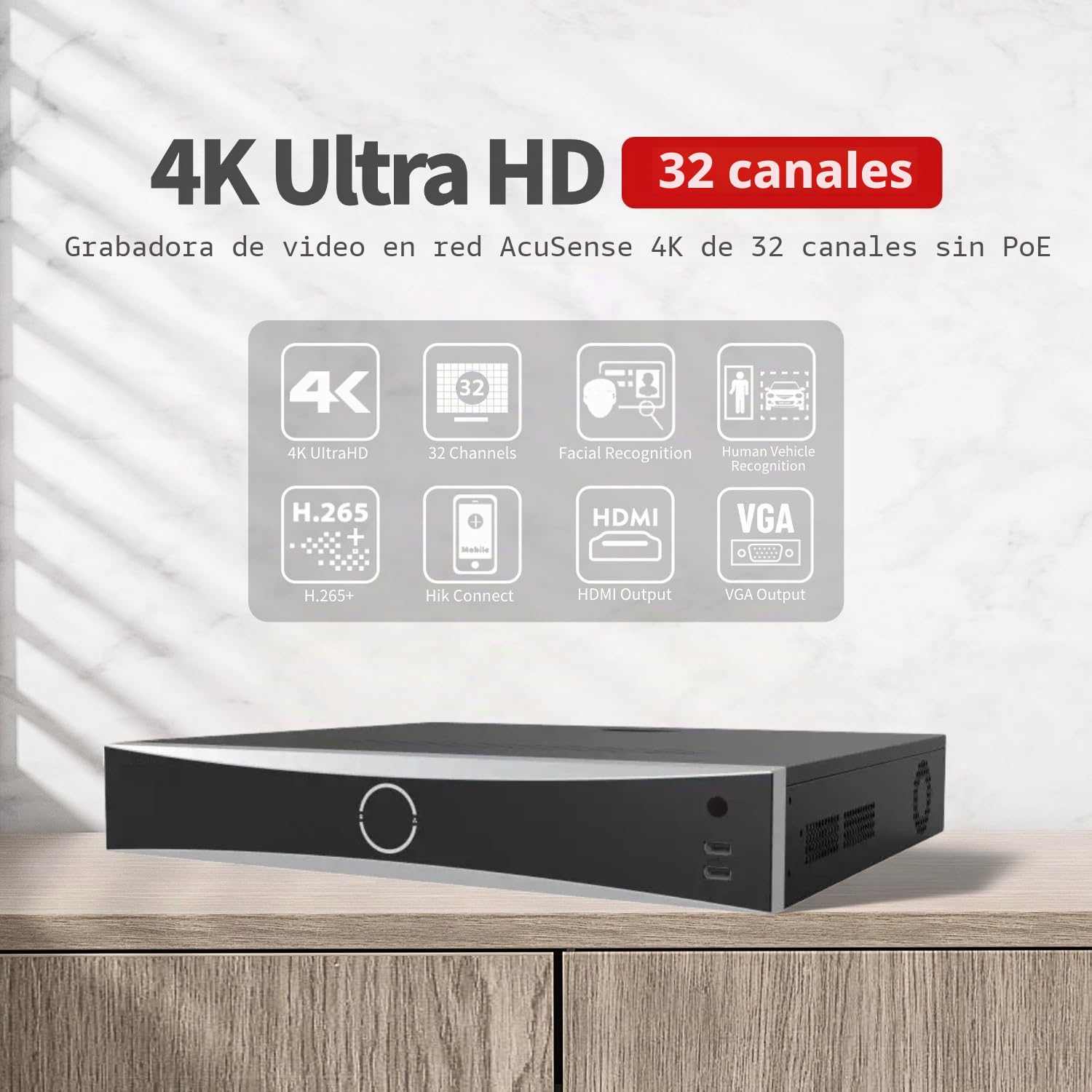 DS-7732NXI-K4 32 canales 4K NVR, HIK 32 CH AcuSense NVR con detección de humanos y vehículos, compatible con cámara IP HlK (versión internacional en inglés sin HDD) (sin PoE)