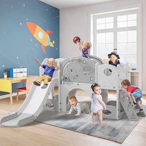 Miniatura 12 de Tobogán infantil 11 en 1, tobogán para niños pequeños de 1 a 3 años con telescopio, aro de baloncesto y telescopio, juego para interiores y azul