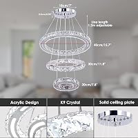 CXGLEAMING Modern LED Kristály Csillár - 3 Gyűrűs Függőlámpa, Állítható Magasság, 52W, 6500K Hideg Fehér, Nappali, Étkező, Konyha 7