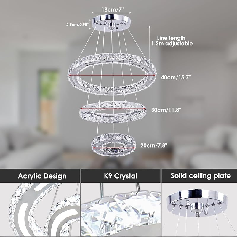 CXGLEAMING Modern LED Kristály Csillár - 3 Gyűrűs Függőlámpa, Állítható Magasság, 52W, 6500K Hideg Fehér, Nappali, Étkező, Konyha
