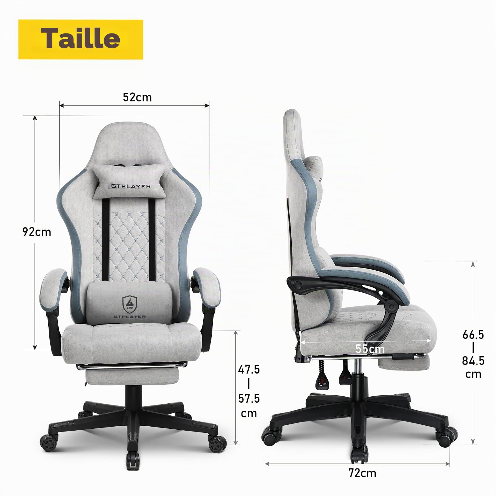 GTPLAYER Chaise de Gaming en Tissu Ergonomique Respirant Chaise Gamer inclinable avec Repose-Pieds, Coussin Lombaire et appuie-tête, Chaises Gaming réglables en Hauteur Jeux, Supporte 150 kg