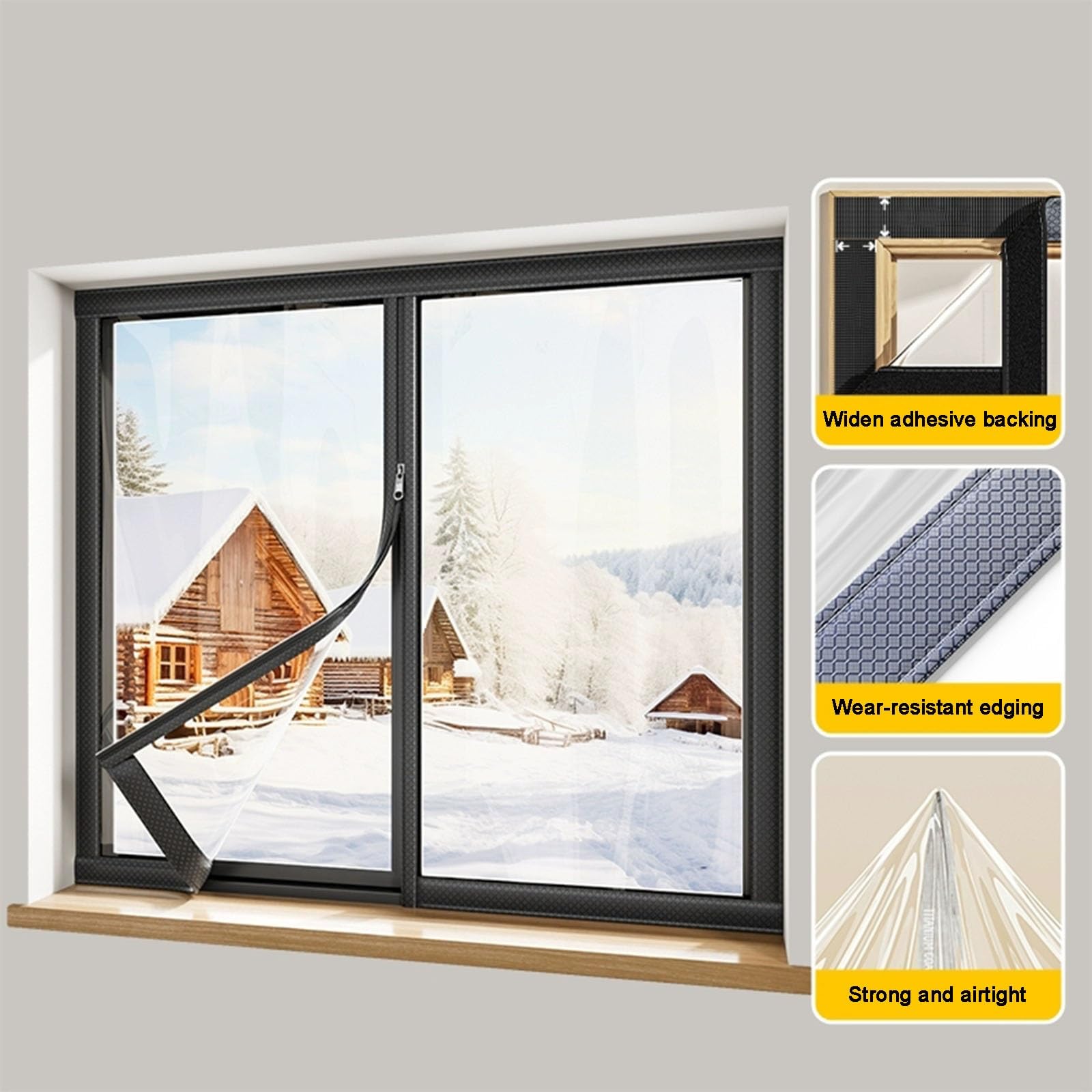 Transparente Winddichte Thermovorhang mit Reißverschluss, Winterversiegelte Selbstklebende Thermovorhänge, Robust Und Verschleißfest(Black,110cmX150cm)