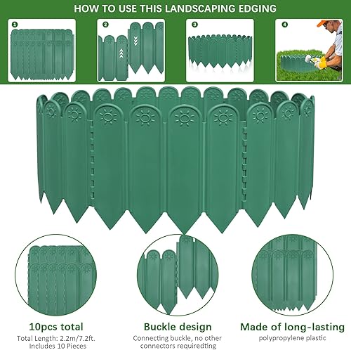 Miniatura 4 de EEOCWF 10 bordes de borde de jardín verdes, borde de plástico de 8.66 x 8.66 pulgadas, borde de jardín decorativo entrelazado de 7.2 pies, borde de