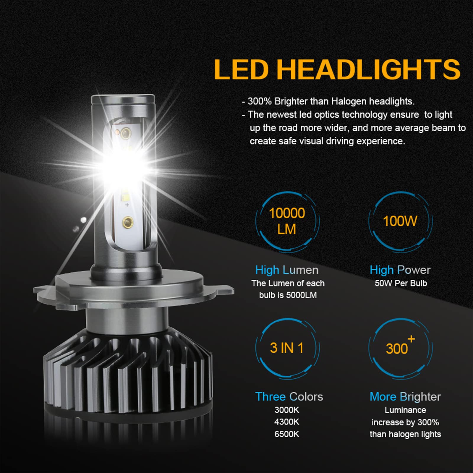 Lot De 2 Ampoules De Phares LED 100 W 10 000 Lumens 6 500 K 4 300 K 3 000 K Super Bright Kit De Conversion De Phares LED Pour Feux De Croisement/Antibrouillard IP68,H1