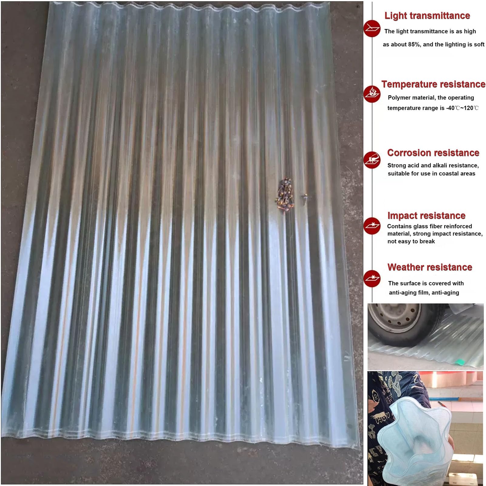 Pannelli Da Tetto, 1mm Lamiere Ondulate Antipioggia, Pannelli Da Tetto Autopulente Silenziosa, Lastra Di Copertura in Fibra Di Vetro, Pannelli Tetto Trasparente (0.9×0.8m/35×31in,1pcs)