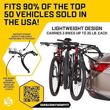 Saris Bones EX 3-Bike Trunk Rack Bicycle Carrier, Durable, Rust-Free, Anti-Sway Straps, Fits Most Vehicles, Made in USA, Arc-Based Design, 100% Recyclable Materials