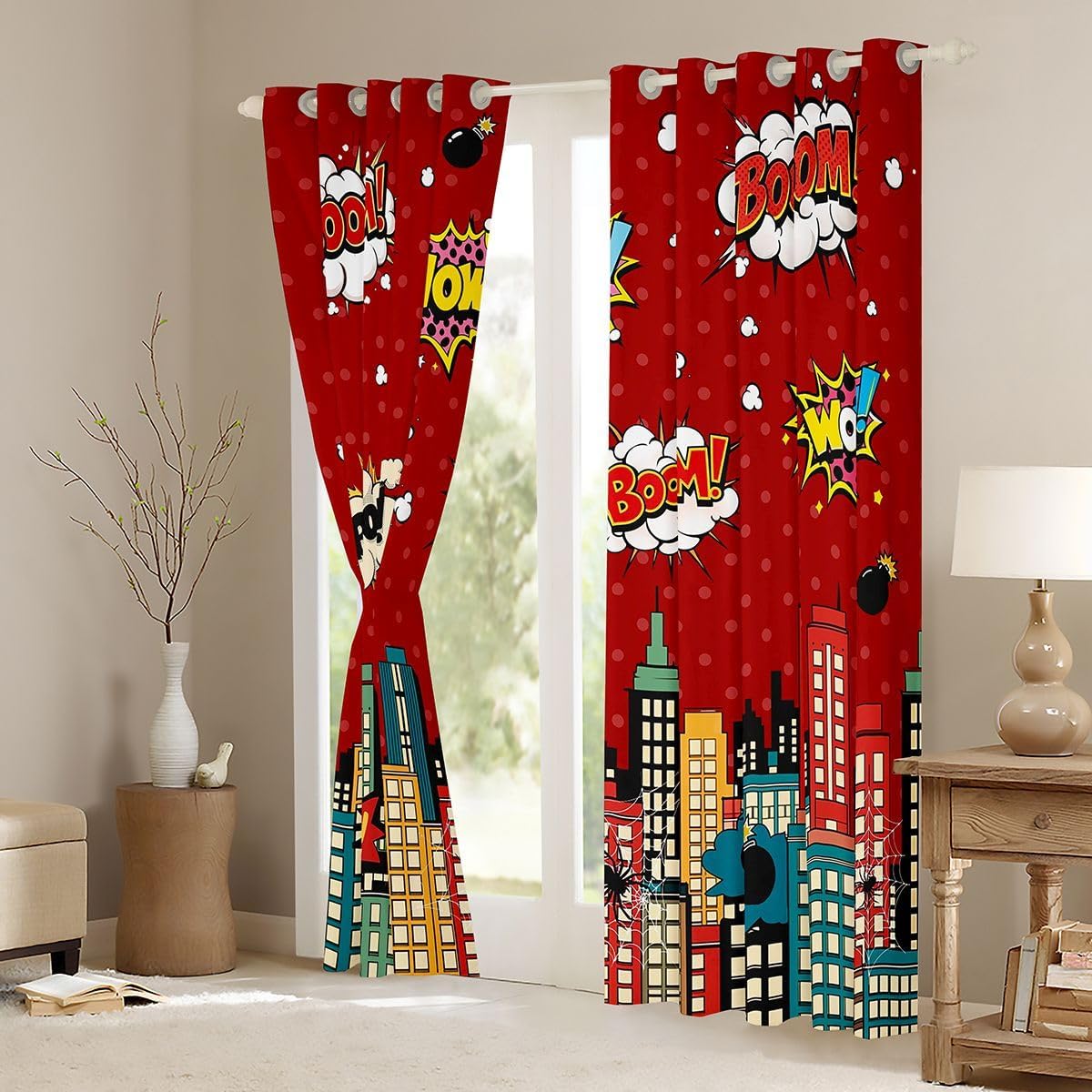 Castle Fairy Spider Web Blackout Curtains for Kids Bedroom City Building Window Drapes Halloween Hero Theme Window Treatment Red Black Windows Curtains 2 Panel Sets 52" Wx90 L