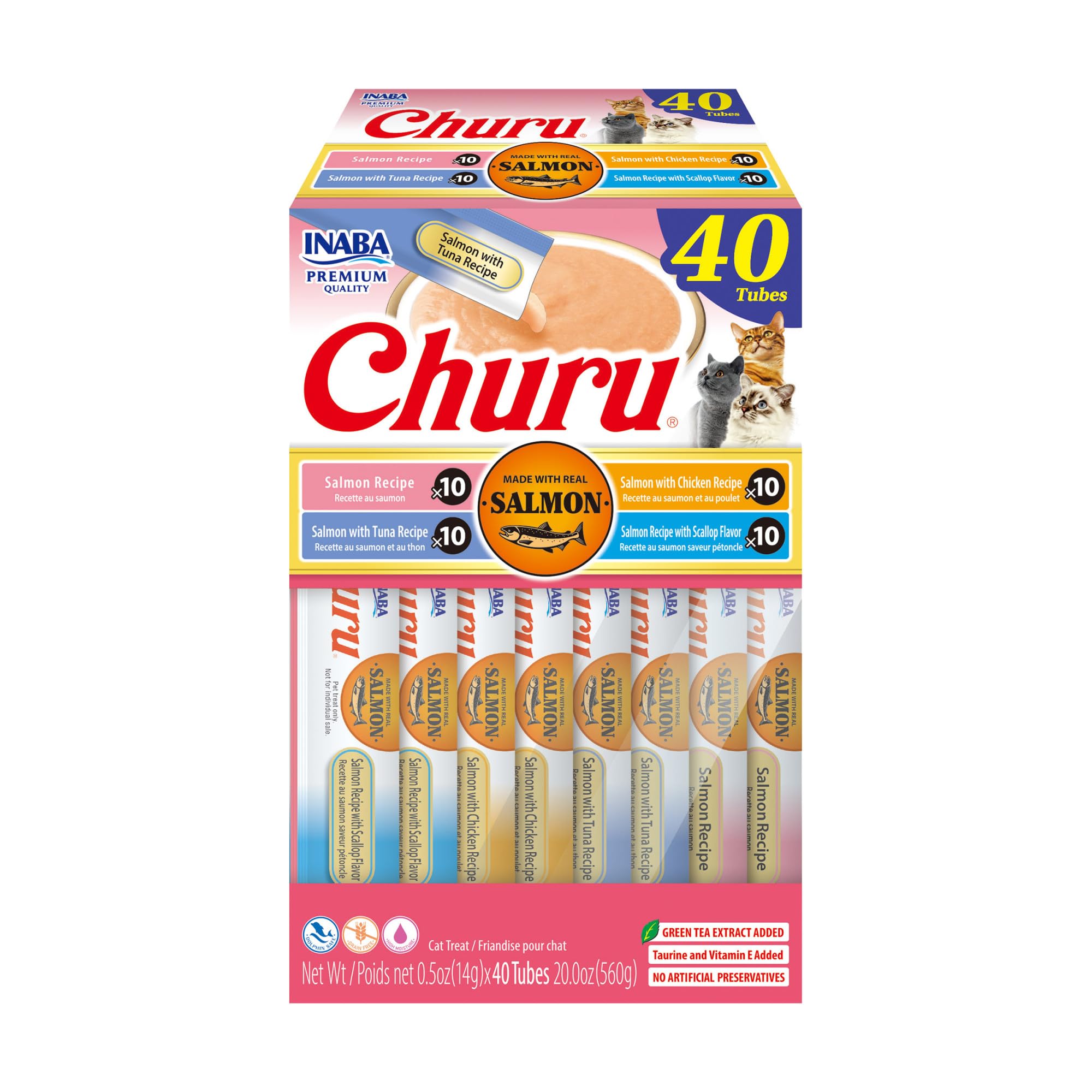 INABA Salmon Churu Cat Treats, Lickable, Squeezable Creamy Purée Cat Treat with Green Tea Extract & Taurine, 0.5 Ounces Each Tube, 40 Tubes, Salmon Variety Box