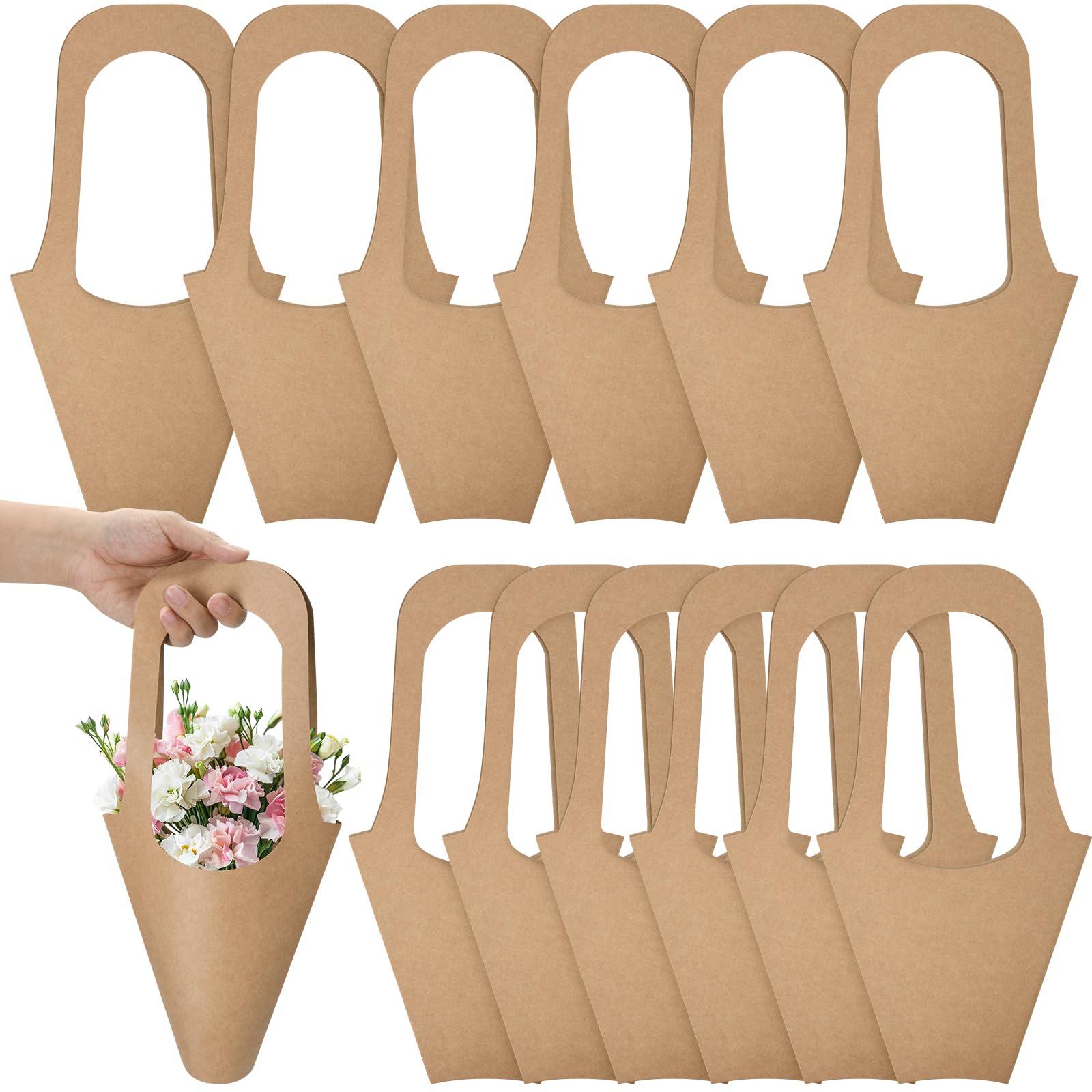 Cosmos 12 Pcs Kraft Paper Flower Gift Bags Bouquet Wrapping Bags with Handle Flower Bouquet Holder Floral Bags Flower Wrapping Sleeve Brown Gift Carry Bags for Flower Arrangement Packing Wedding-image-5