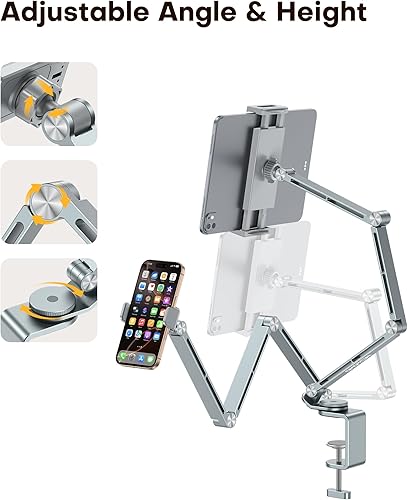 Miniatura 4 de OMOTON Soporte ajustable para tablet iPad, soporte de teléfono de escritorio para cama con 2 abrazaderas, soporte de aleación de aluminio flexible