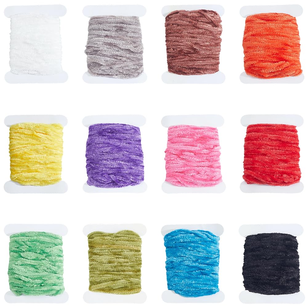 SOFPLATE 12Pcs Crappie Jig Making Supplies Fly Tying Streamer Materials Assorted 12 Color 79.79 Yard Soft Polyester Chenille Yarn Cards Threads for DIY Knitting Crappie Jigs Streamers Wooly Buggers